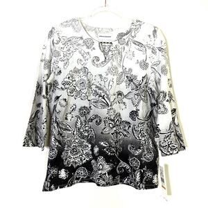 Alfred Dunner | Womens Top 3/4 Sleeve Classics Neutral Black White Floral NWT